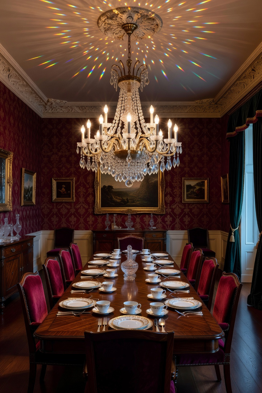 A formal traditional dining room with a large lead crystal chandelier hanging over a polished mahogany table.