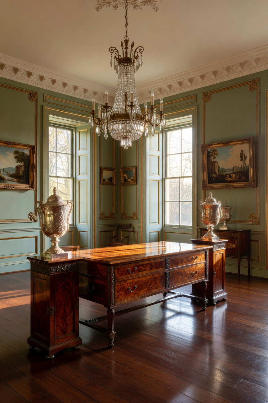 A grand traditional dining room showcasing a mahogany Robert Adam style sideboard ensemble with pedestal cupboards and silver urns against a backdrop of classic wainscoting.