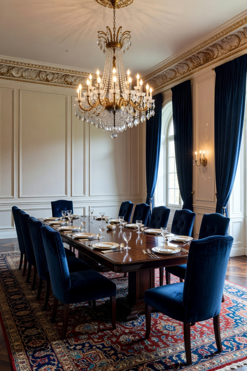 A luxurious traditional dining room featuring a mahogany table and navy blue velvet upholstered chairs under a crystal chandelier.