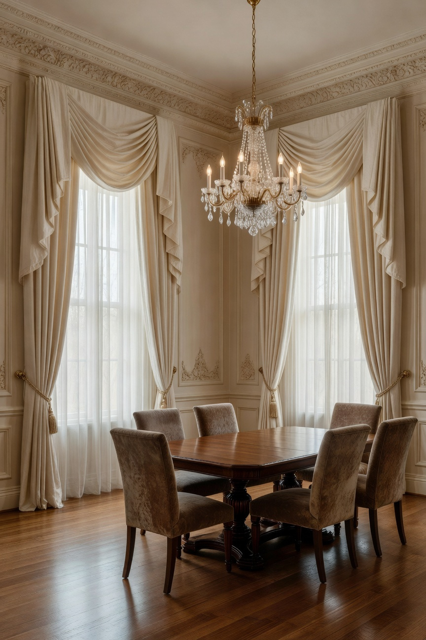 High-end traditional dining room featuring heavy linen curtains with formal swags and jabots.