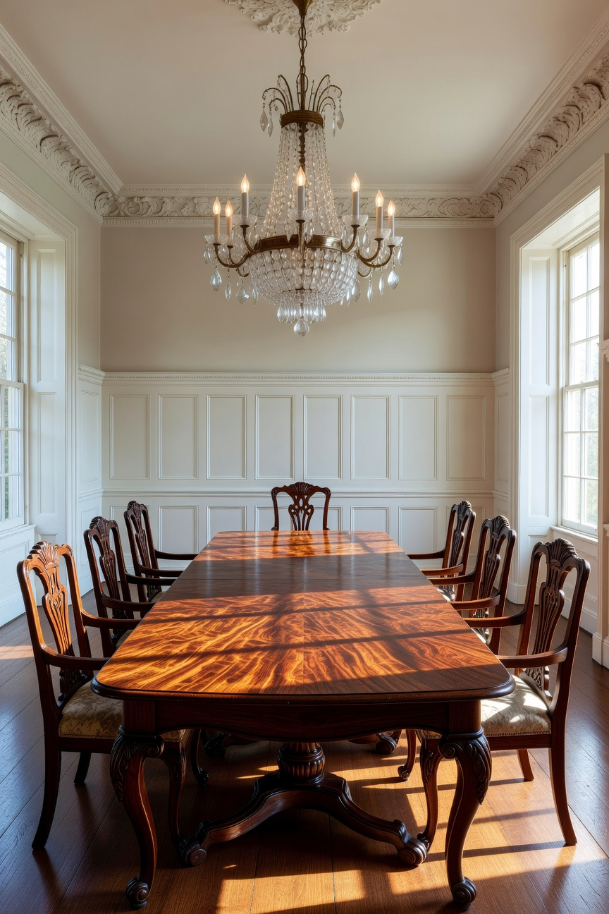A wide-angle shot of a traditional dining room featuring a polished solid mahogany table with a shimmering flame grain pattern and a crystal chandelier.