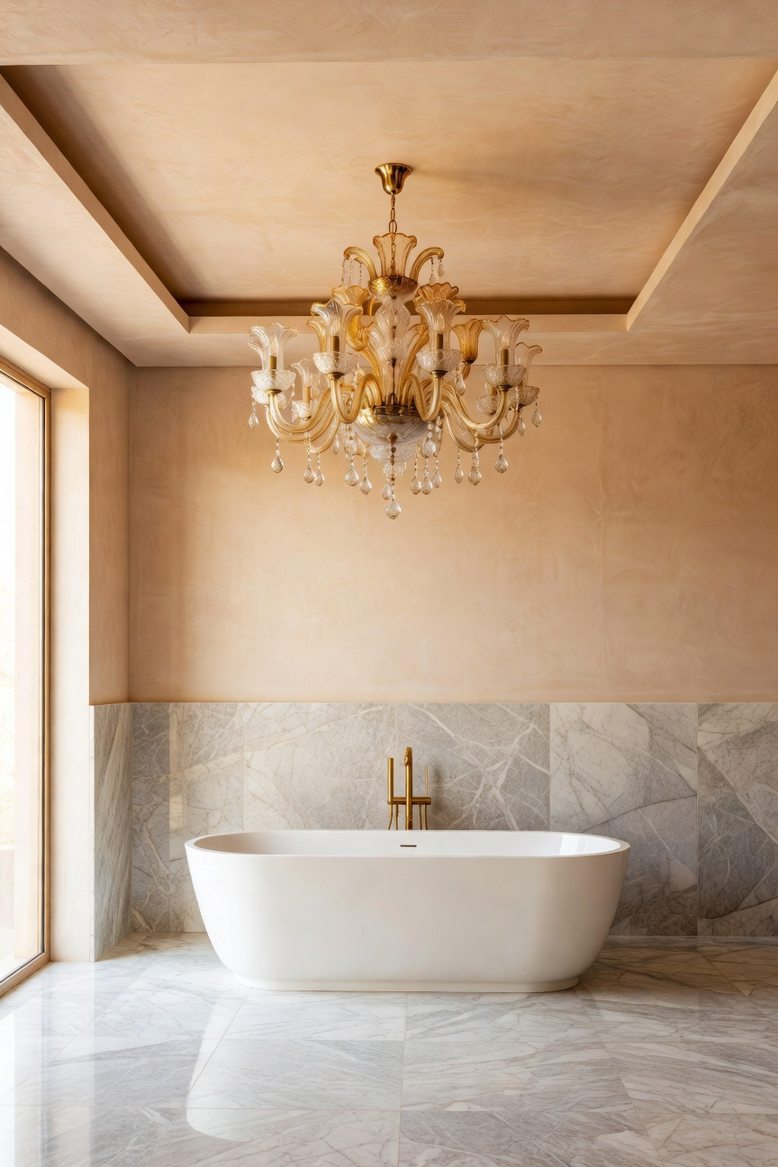 Luxury transitional bathroom featuring a statement brass chandelier and a minimalist Tadelakt ceiling with a recessed shadow gap.