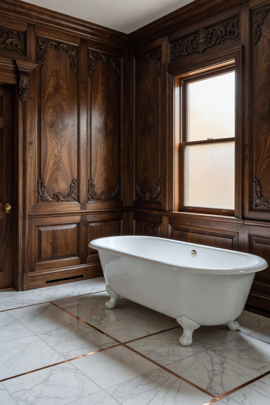 Luxury transitional bathroom with dark walnut wood paneling, a white freestanding tub, and marble floors with copper accents.