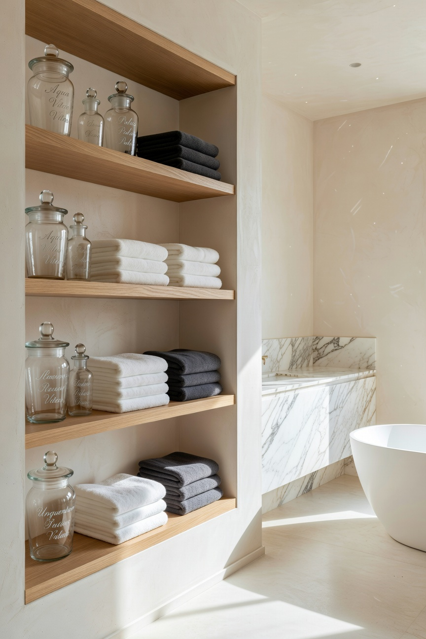 Custom open shelving in a transitional bathroom featuring a mix of vintage glass apothecary jars and neatly folded modern white and grey towels.