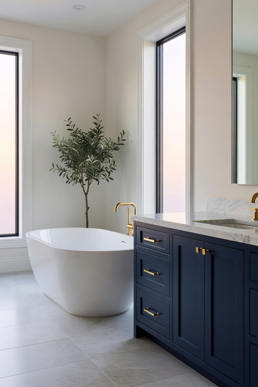 A luxury transitional bathroom with a freestanding tub and navy shaker cabinets under bright natural light.