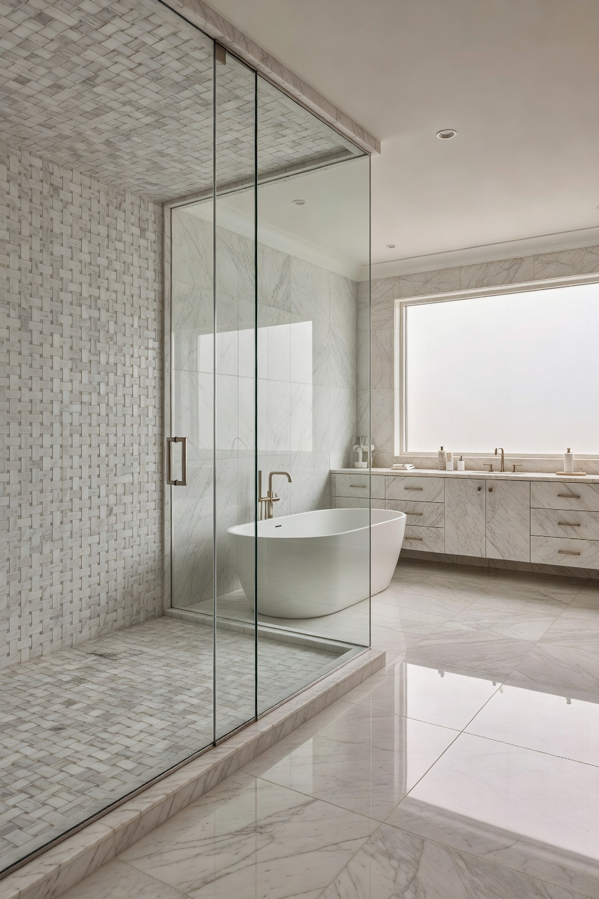A bright transitional bathroom design featuring a frameless glass shower that highlights intricate Roman basketweave marble mosaic tiles.