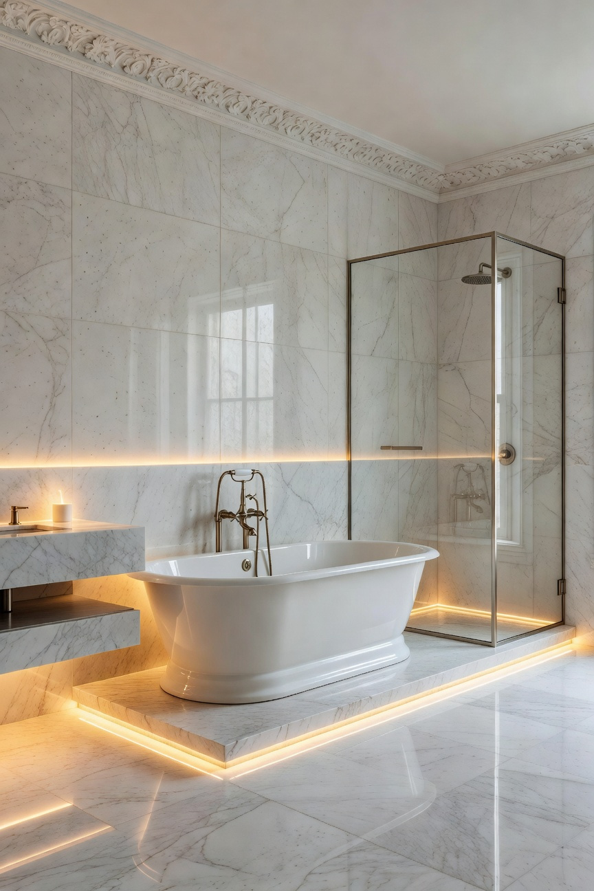 A high-end transitional bathroom featuring white marble walls, a classic soaking tub, and hidden smart lighting integrated into historical architecture.
