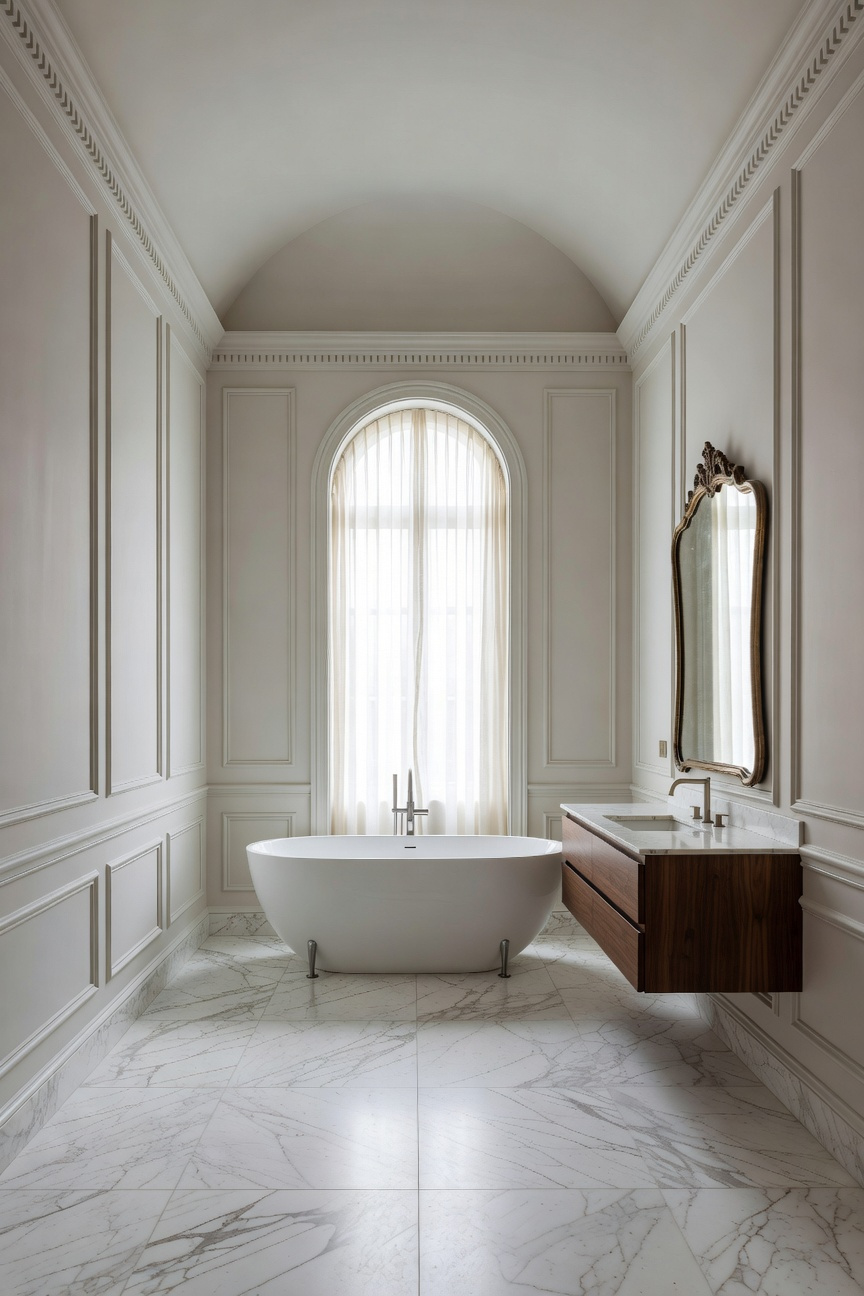 A spacious transitional bathroom featuring traditional wall molding and a modern white freestanding bathtub under soft natural light.