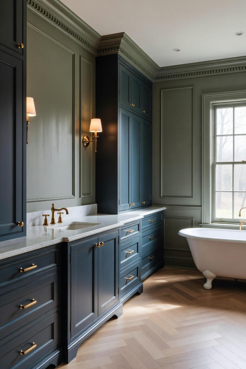 A sophisticated transitional bathroom featuring heritage blue cabinetry, sage green walls, marble countertops, and gold hardware in natural light.