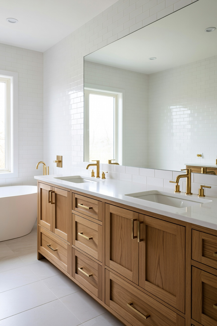 A spacious transitional bathroom featuring a light oak Shaker-style double vanity with gold hardware and marble countertops in a bright room.