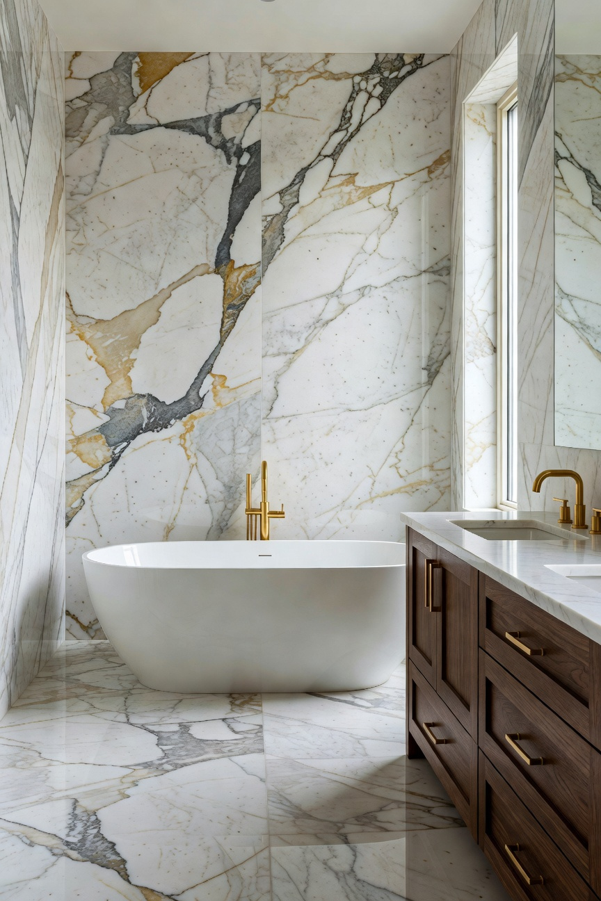 Luxurious transitional bathroom interior featuring matte honed Calacatta marble walls and a white freestanding bathtub.