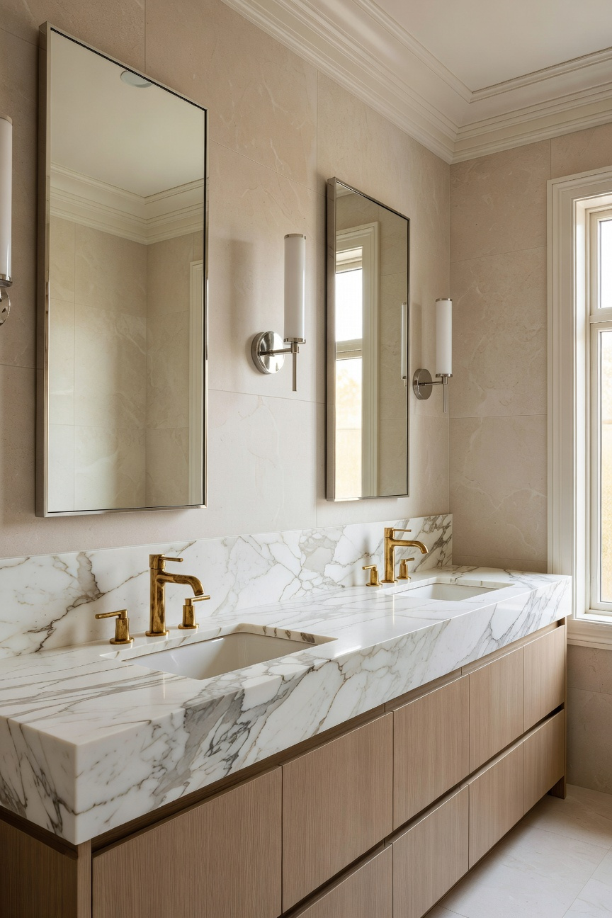 A bright transitional bathroom featuring unlacquered brass faucets and polished nickel accents on a marble double vanity.