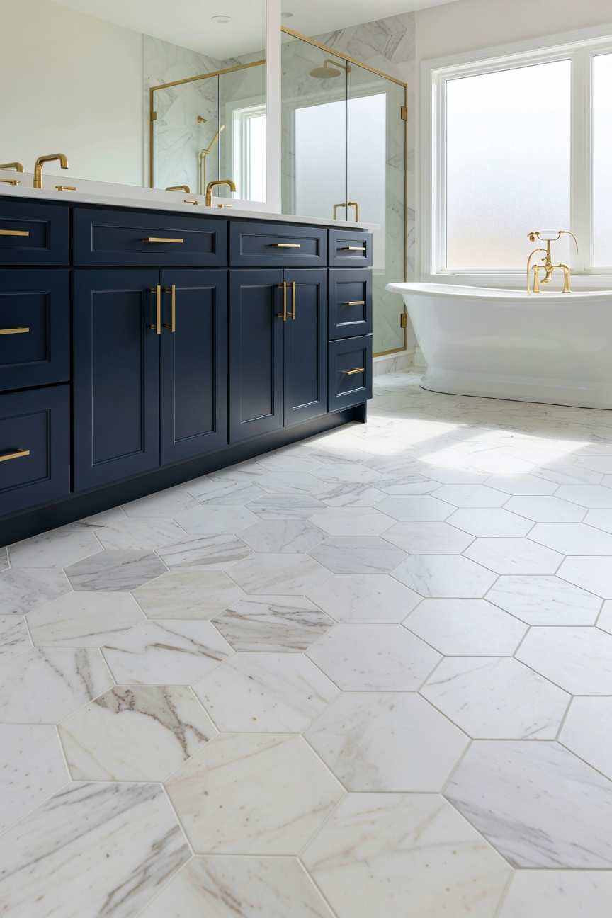 A bright transitional bathroom featuring large-format white marble hexagon floor tiles and a navy blue vanity.