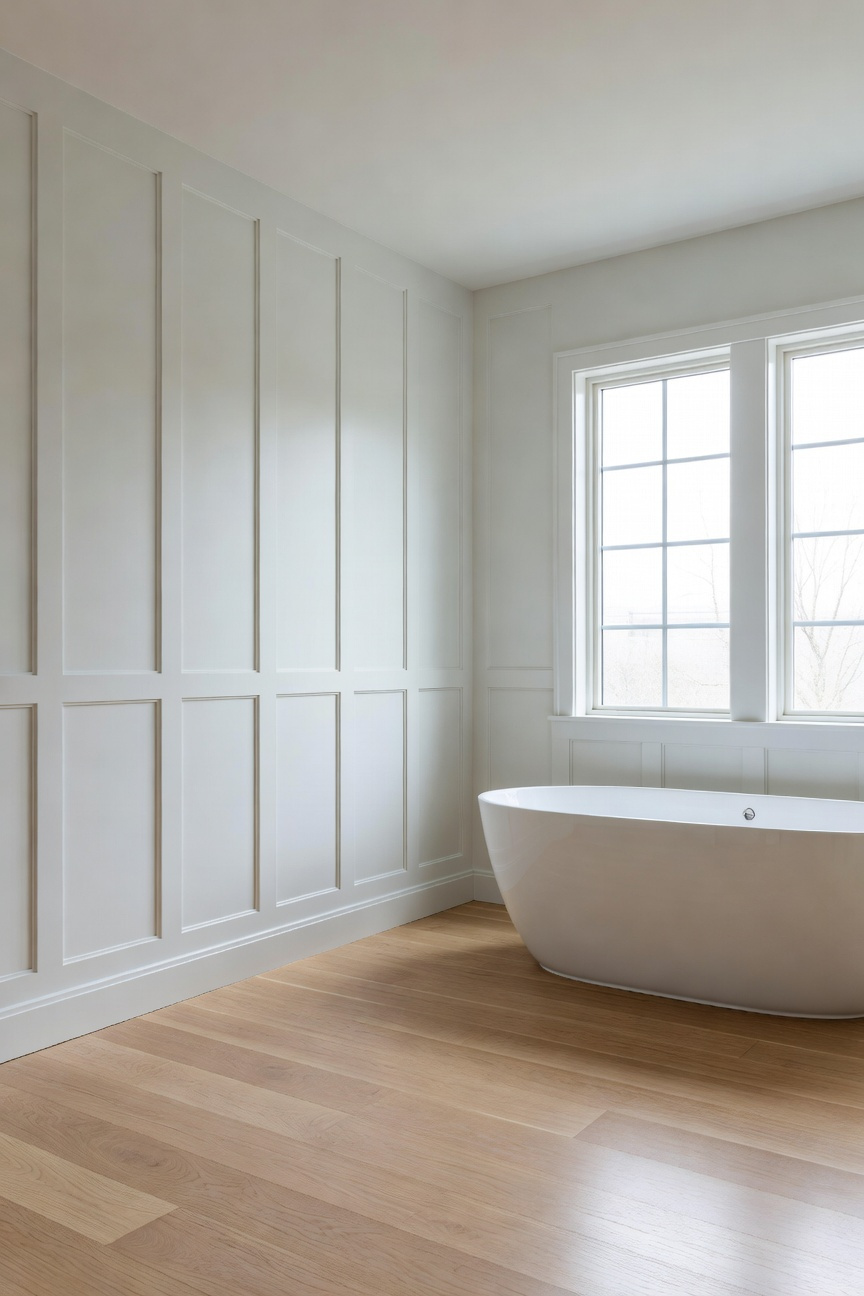 High-end transitional bathroom with white Shaker-style wall paneling and a modern freestanding bathtub.