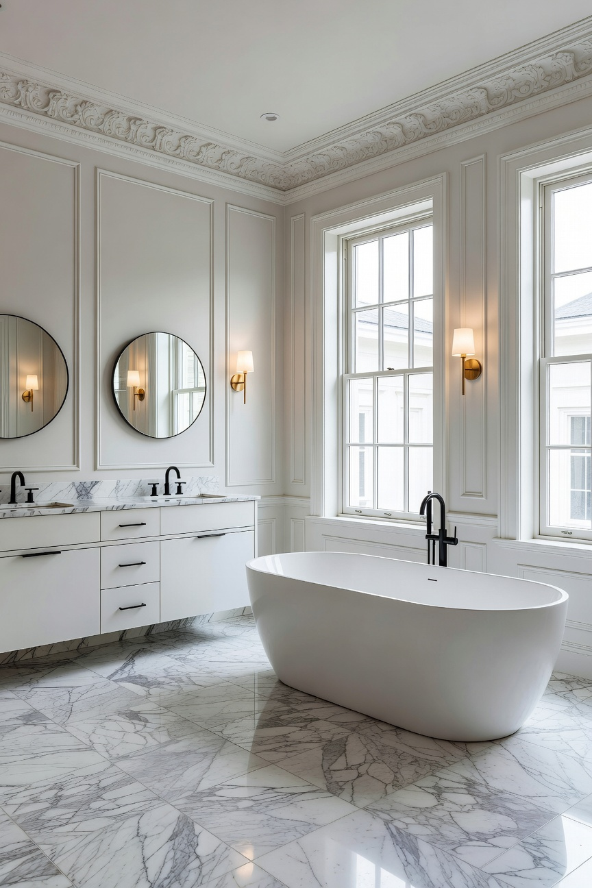 A spacious transitional bathroom featuring a modern freestanding tub, white wall paneling, and a large breathable floor area.
