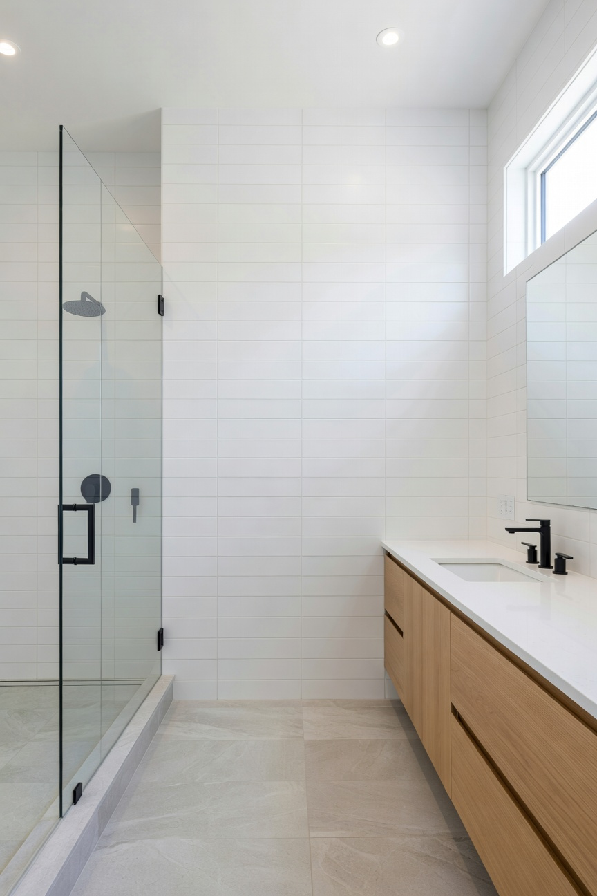 A modern transitional bathroom featuring oversized white subway tiles in a vertical stack pattern on the walls and a light wood vanity.
