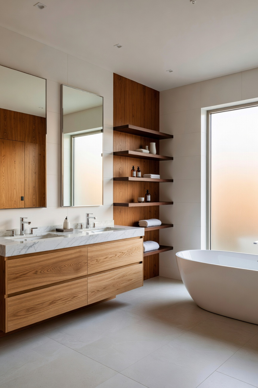 A modern transitional bathroom featuring natural white oak cabinetry and walnut wood accents to provide warmth against white ceramic tile walls.