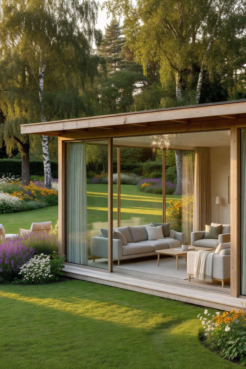 A modern glass Uterum outdoor living room with Scandinavian furniture overlooking a vibrant lawn garden at sunset.