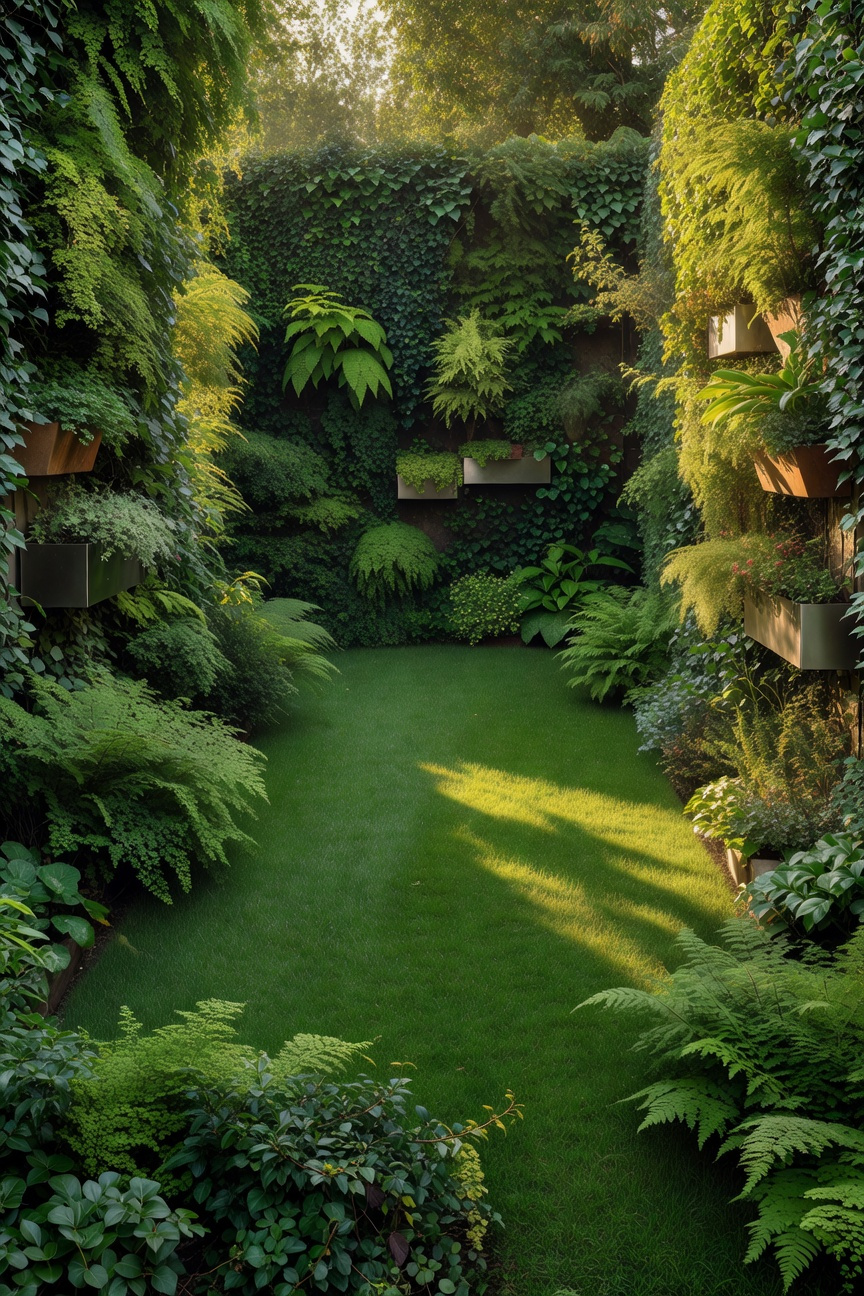 A lush lawn garden featuring vibrant green grass bordered by high vertical walls covered in a variety of climbing plants and ferns to create a sense of depth.