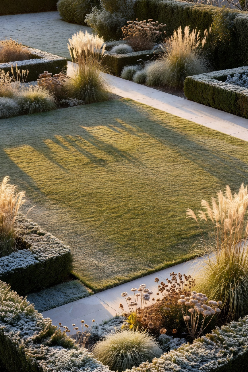 A structured winter lawn garden featuring crisp mown edges, dormant ornamental grasses, and frosted perennial beds under soft morning light.