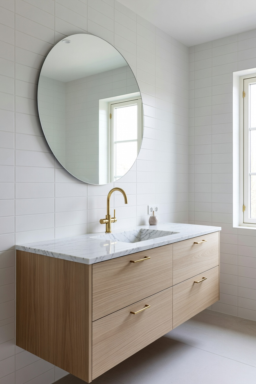 A bright Scandinavian bathroom featuring a light oak vanity with unlacquered brass minimalist hardware and natural lighting.