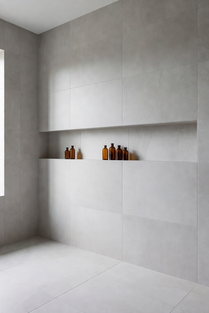 A modern bathroom shower featuring a wide horizontal recessed storage niche built into light gray tile for a minimalist look.