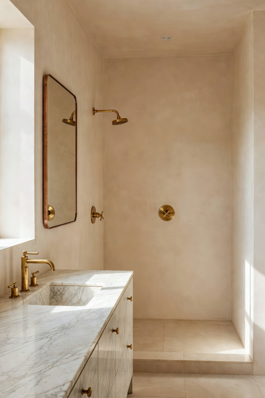 A minimalist bathroom design featuring unlacquered brass faucets and copper hardware with a natural patina.