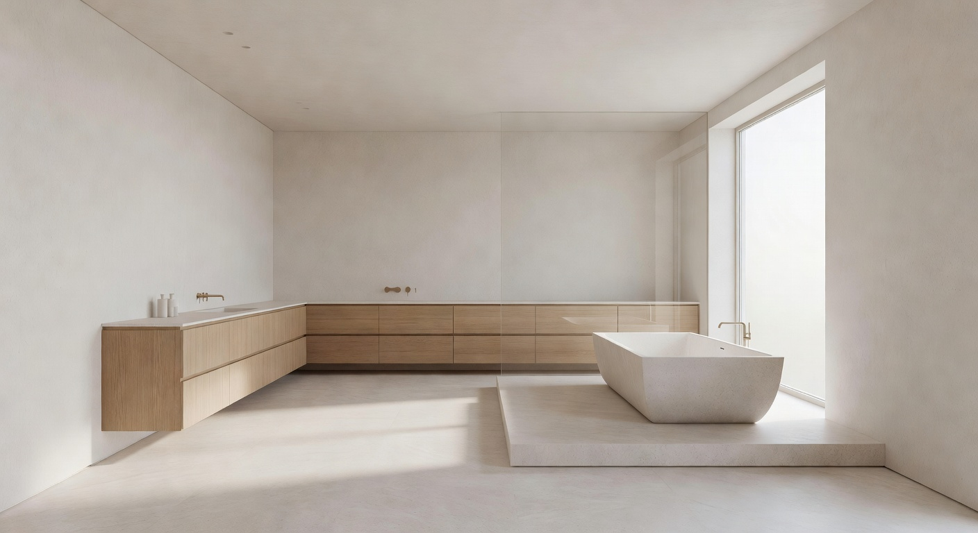 A minimalist luxury bathroom with a stone bathtub, hidden oak storage, and large windows illustrating bathroom renovation ideas for mental clarity.