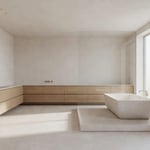 A minimalist luxury bathroom with a stone bathtub, hidden oak storage, and large windows illustrating bathroom renovation ideas for mental clarity.