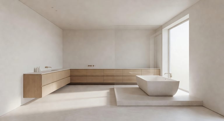A minimalist luxury bathroom with a stone bathtub, hidden oak storage, and large windows illustrating bathroom renovation ideas for mental clarity.