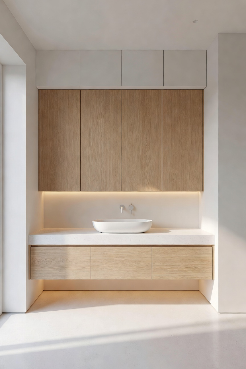 Minimalist Scandinavian bathroom featuring recessed wood cabinetry flush with a white wall above a floating oak vanity.