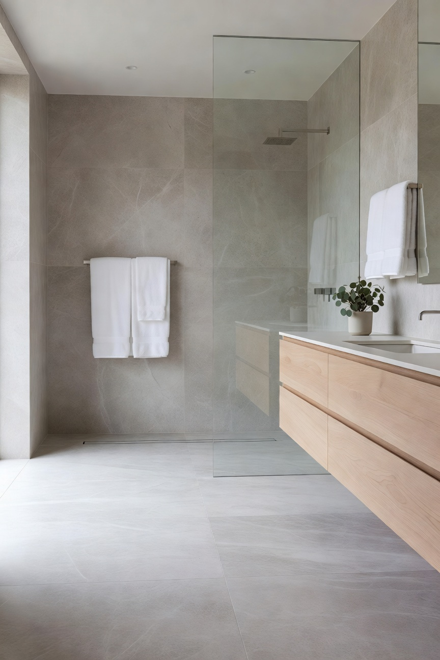 A modern Scandinavian-style wet room featuring seamless gray stone flooring and a curbless walk-in shower for a minimalist look.