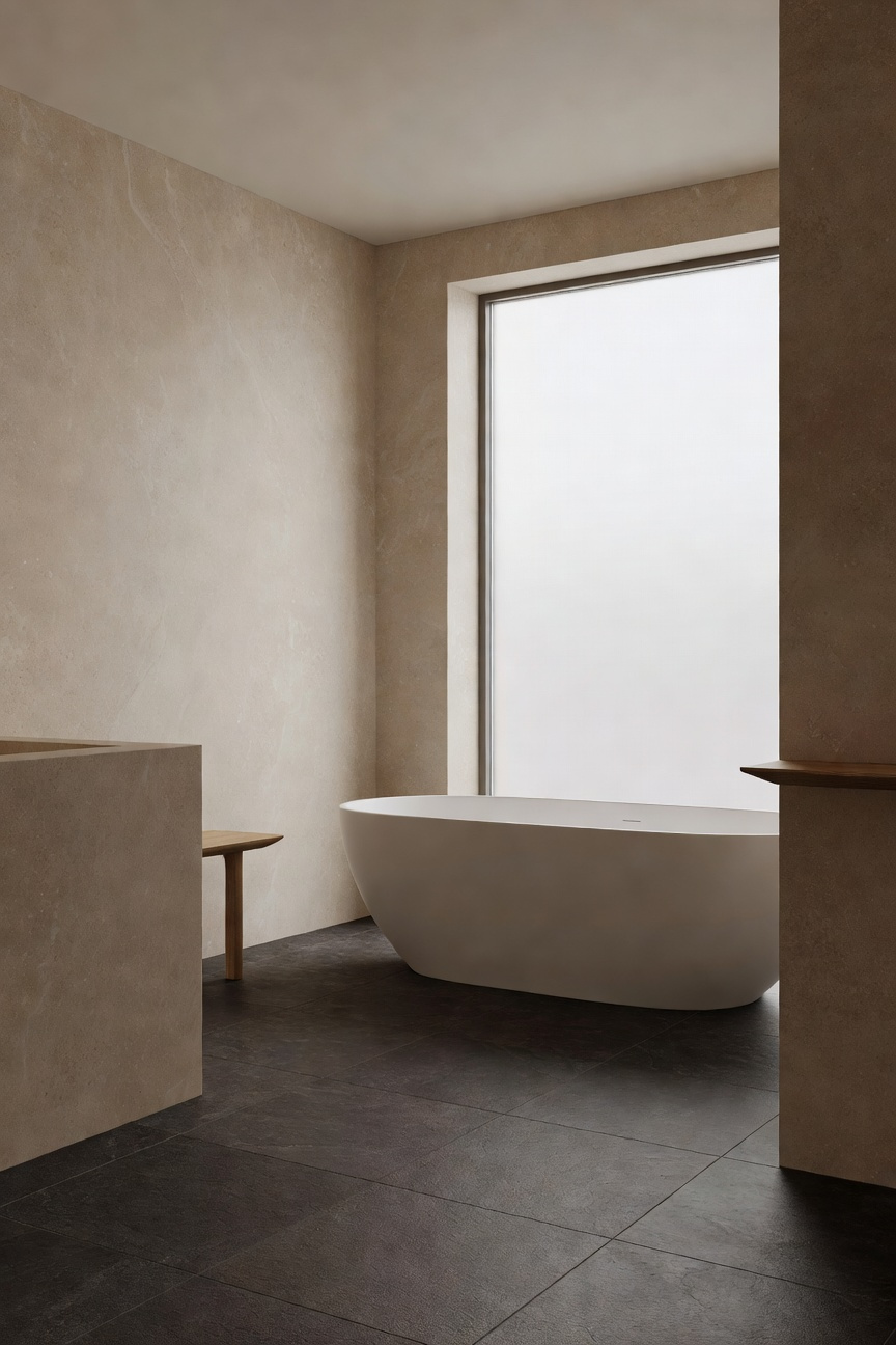 A modern bathroom design showcasing matte limestone walls and dark slate flooring with soft natural lighting and a spa-like feel.