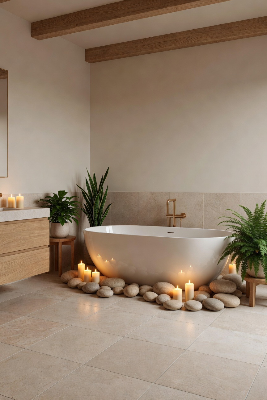 A serene and cozy bathroom designed with hygge principles featuring warm wood accents, neutral tones, candle lighting, and a soaking tub.