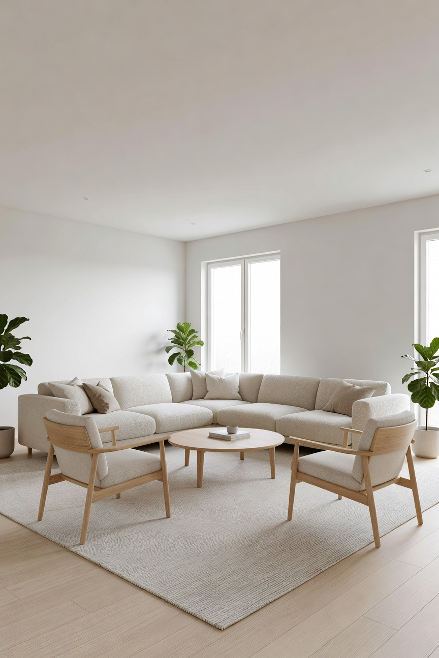 A spacious living room featuring a Scandinavian floating furniture arrangement with a sofa and chairs pulled away from the walls to create a cozy seating area.