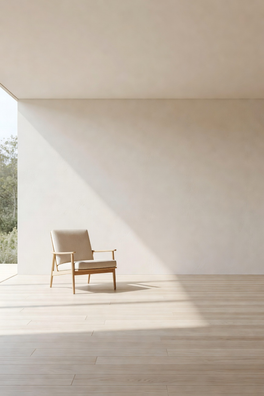 A spacious minimalist living room showcasing negative space with a textured plaster wall and a single wooden chair under natural light.