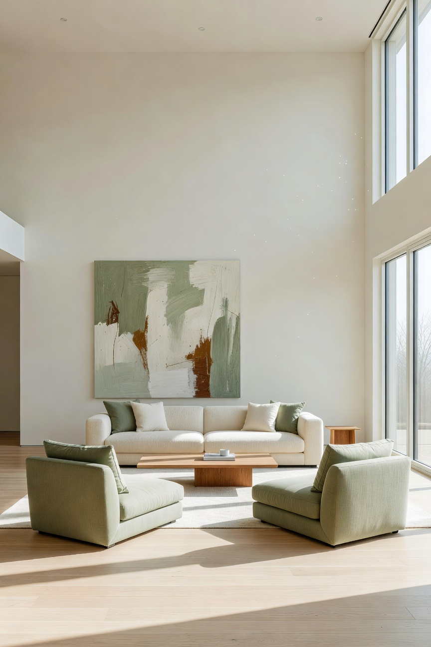 A minimalist living room featuring low-profile sofas and chairs that create a sense of vertical height and open space.