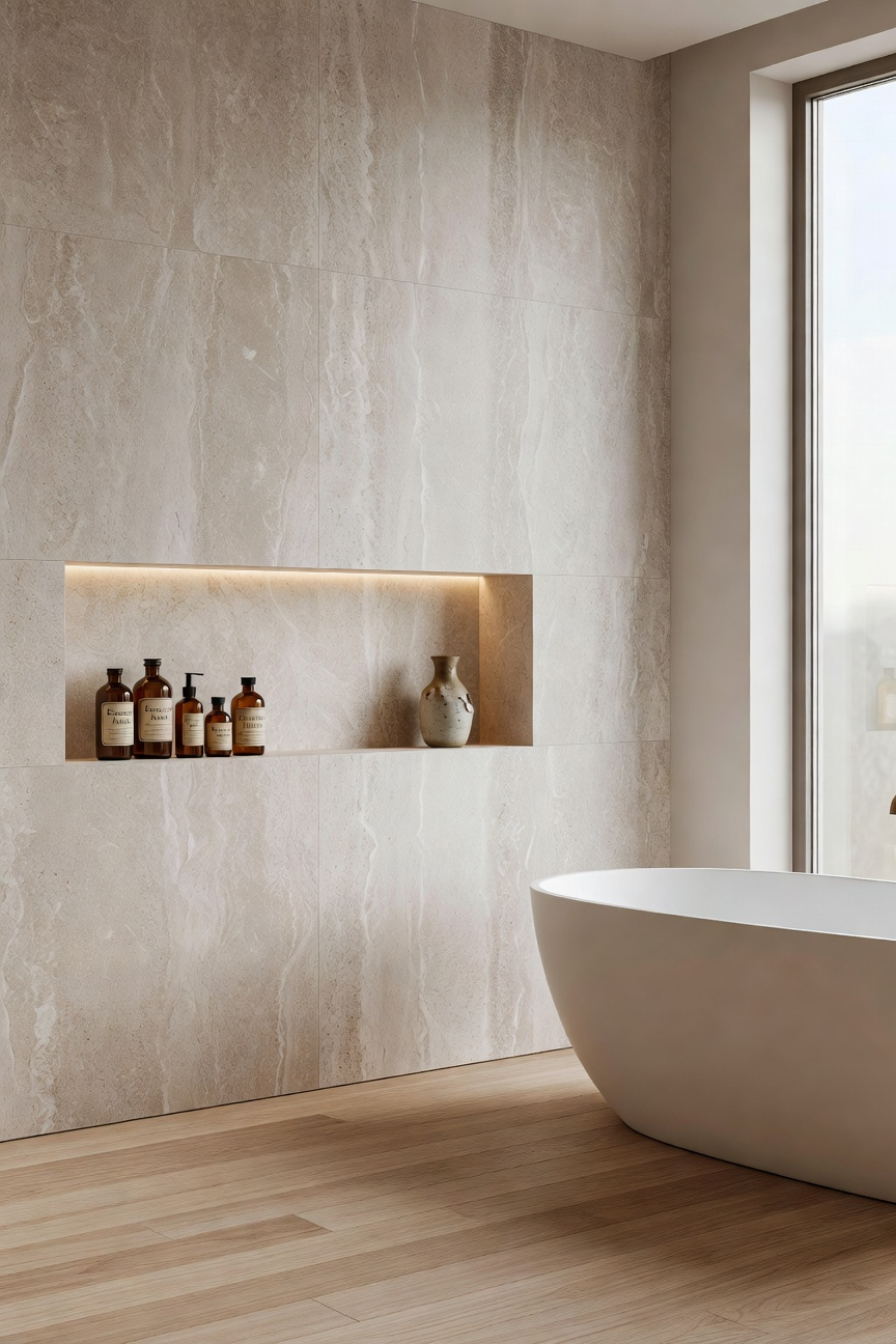 A minimalist modern bathroom featuring a lighted architectural wall niche for bath products next to a white freestanding soaking tub.