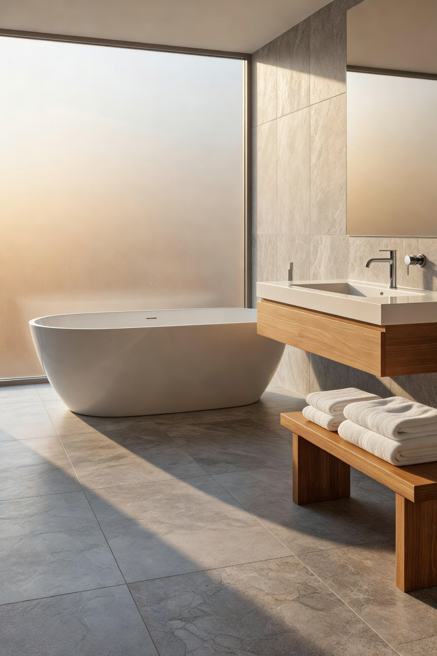 A luxurious modern bathroom featuring large grey stone floor tiles, a white freestanding tub, and soft morning sunlight streaming through a window.
