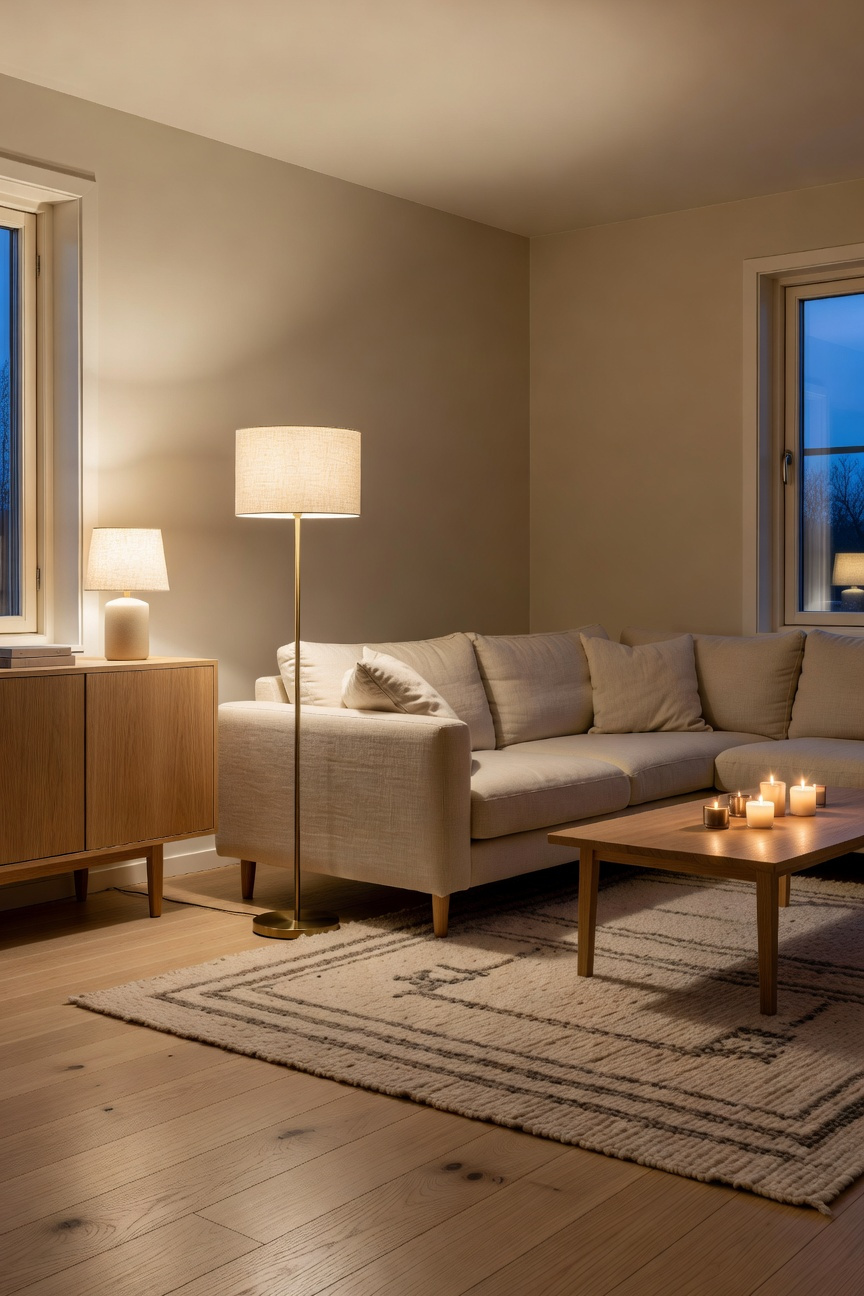 A modern Scandinavian living room decorated with warm floor and table lamps creating intimate pools of light without overhead fixtures.