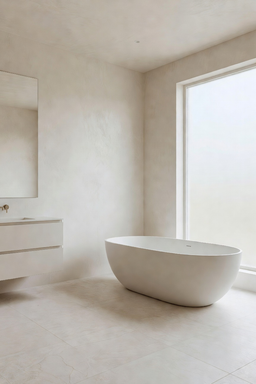 A serene modern bathroom interior featuring a monochromatic color palette of soft whites and warm creams with a freestanding bathtub and natural stone flooring.