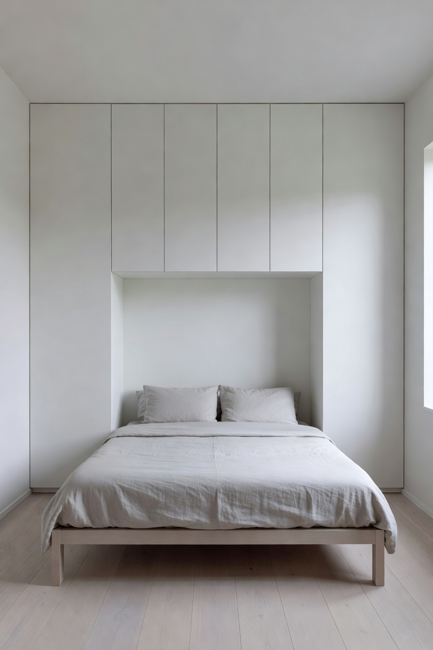 A minimalist small bedroom featuring floor-to-ceiling seamless white cabinets flanking a centered bed in a Nordic design style.