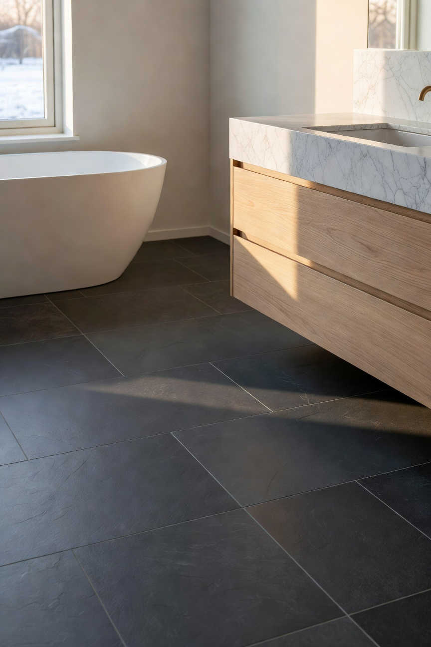 A modern Scandinavian bathroom with large dark grey floor tiles and a wooden vanity illuminated by soft morning sunlight.