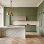 A fully realized luxurious kitchen design combining marble waterfall island, floor-to-ceiling sage green cabinetry, zellige backsplash, and brass pendant lighting in a Scandinavian-inspired composition.