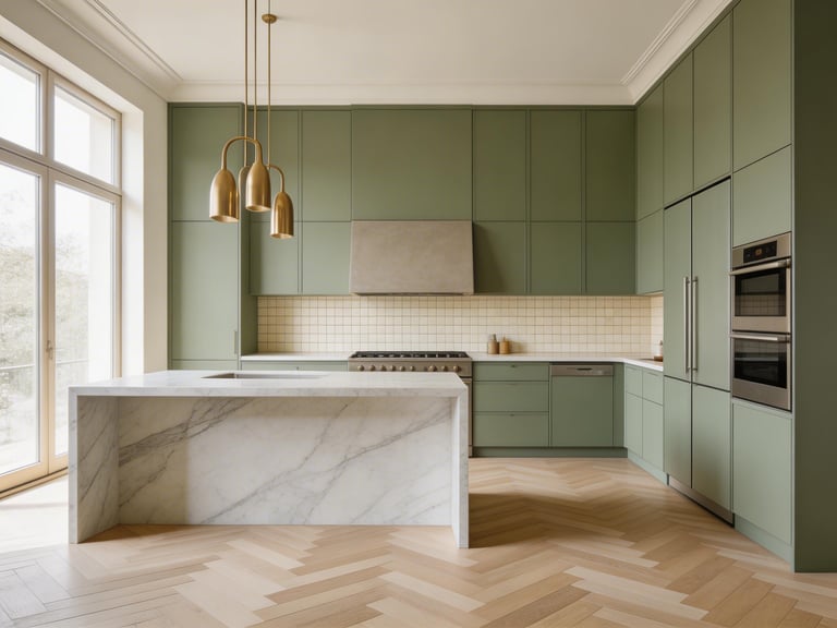 A fully realized luxurious kitchen design combining marble waterfall island, floor-to-ceiling sage green cabinetry, zellige backsplash, and brass pendant lighting in a Scandinavian-inspired composition.