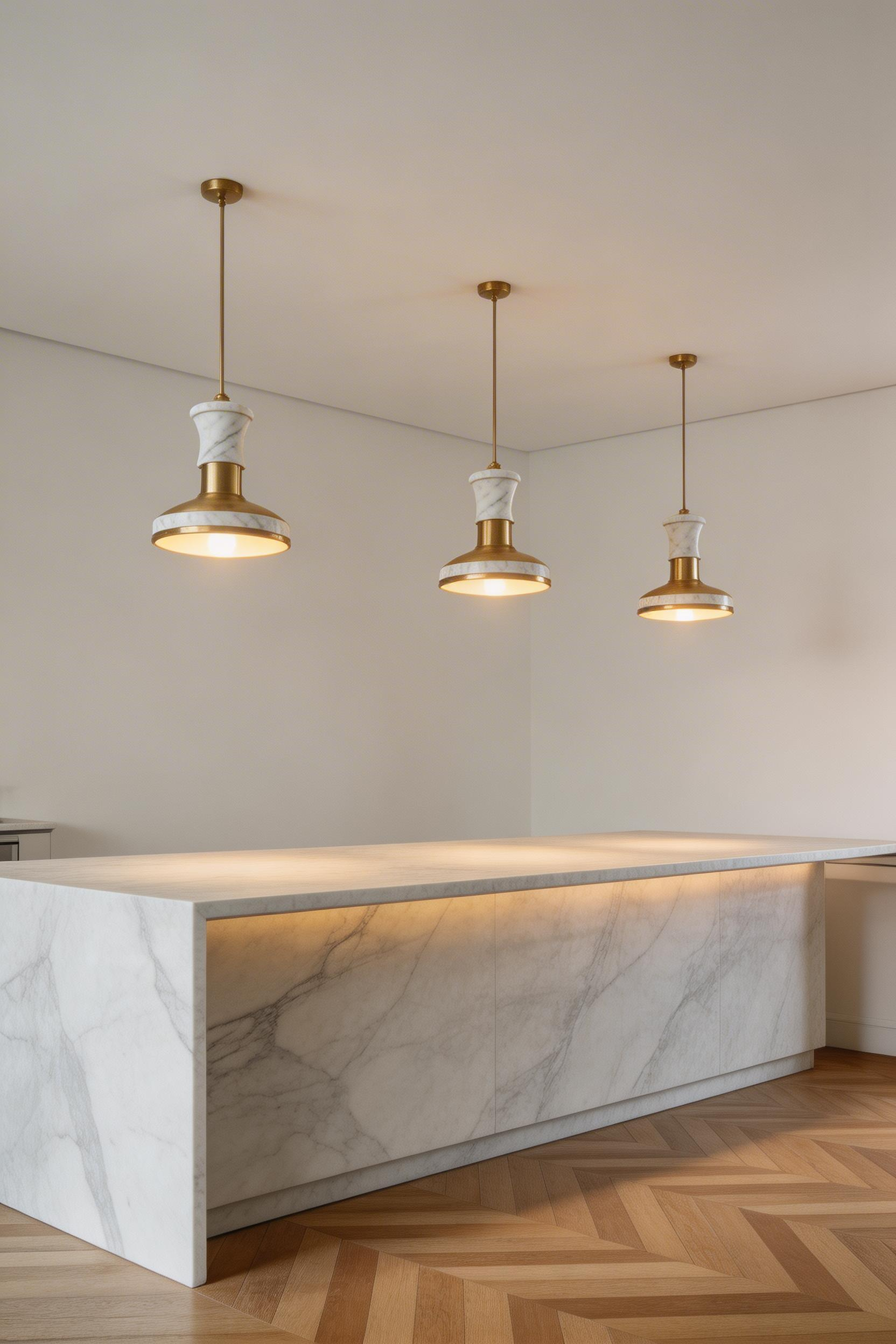 A sculptural cluster of brushed brass and marble pendants at varying heights acts as both art installation and functional lighting above the island in this luxurious kitchen design.