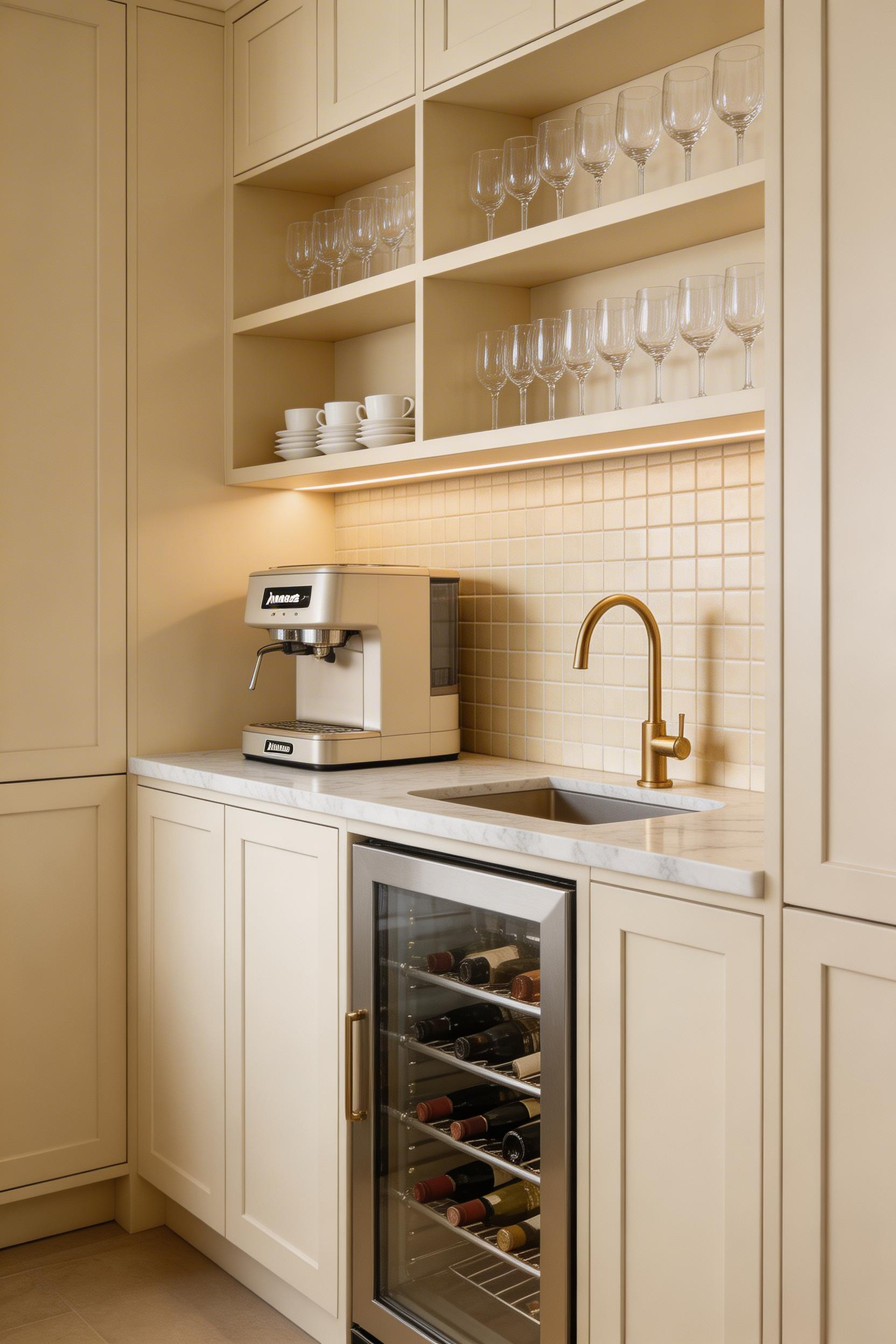 A dedicated coffee and wine bar station built seamlessly into the cabinetry elevates everyday rituals in this luxurious kitchen design.