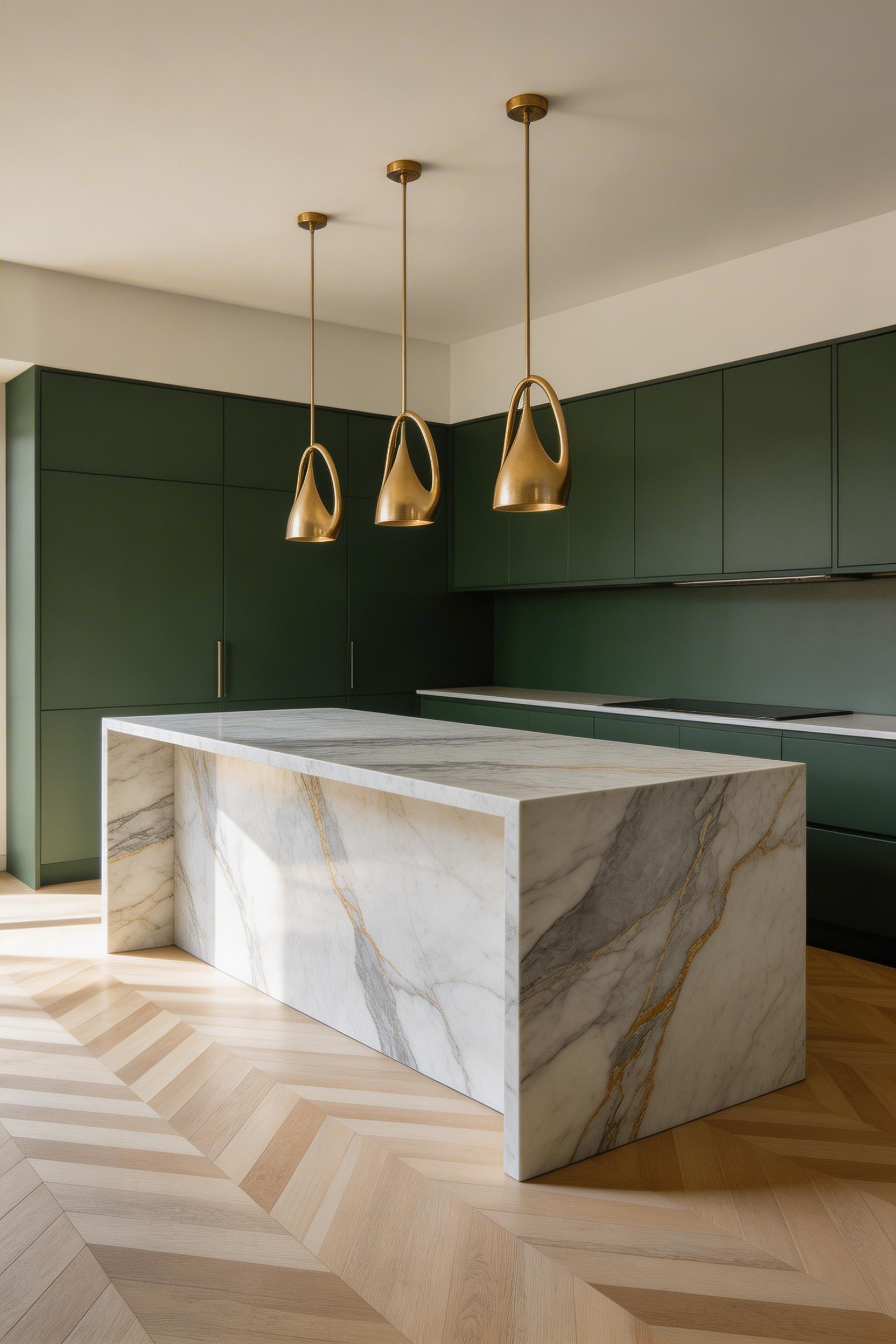 A Calacatta marble waterfall island serves as the sculptural heart of this luxurious kitchen design, its bold veining cascading seamlessly from countertop to floor.
