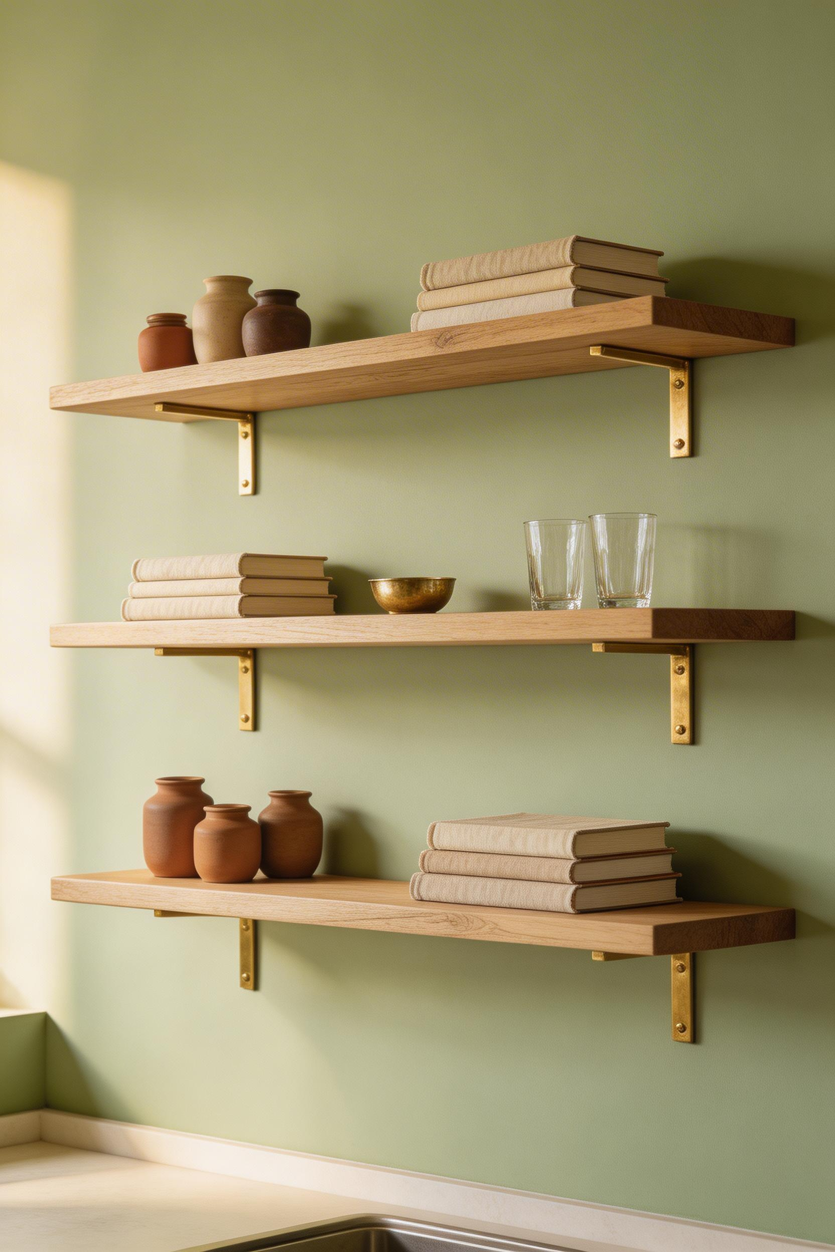 Bespoke open oak shelves styled with artisan ceramics and curated collections bring the warmth of the 'bookshelf wealth' aesthetic to this luxurious kitchen design.