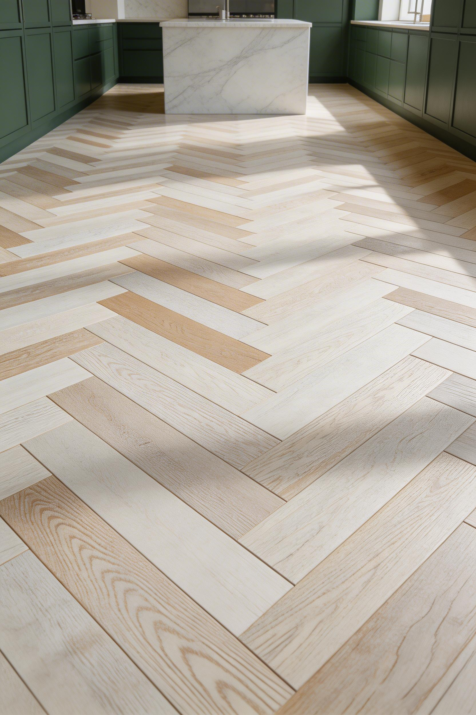 Wide-plank white oak herringbone flooring adds architectural depth and Scandinavian warmth to a luxurious kitchen design.
